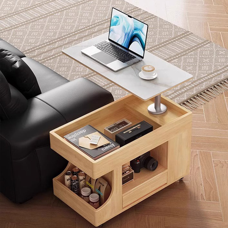 Mesa auxiliar móvil rectangular contemporánea escandinava de madera maciza, piedra y metal con 2 gabinetes para sala de estar 