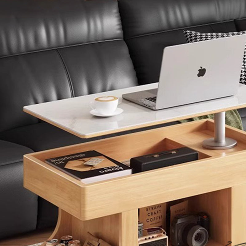 Mesa auxiliar móvil rectangular contemporánea escandinava de madera maciza, piedra y metal con 2 gabinetes para sala de estar 