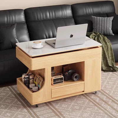 Mesa auxiliar móvil rectangular contemporánea escandinava de madera maciza, piedra y metal con 2 gabinetes para sala de estar 