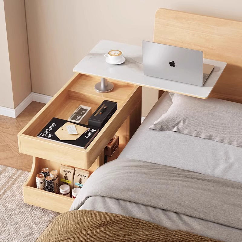 Mesa auxiliar móvil rectangular contemporánea escandinava de madera maciza, piedra y metal con 2 gabinetes para sala de estar 