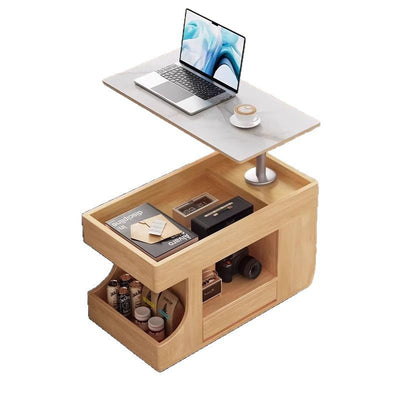 Mesa auxiliar móvil rectangular contemporánea escandinava de madera maciza, piedra y metal con 2 gabinetes para sala de estar 
