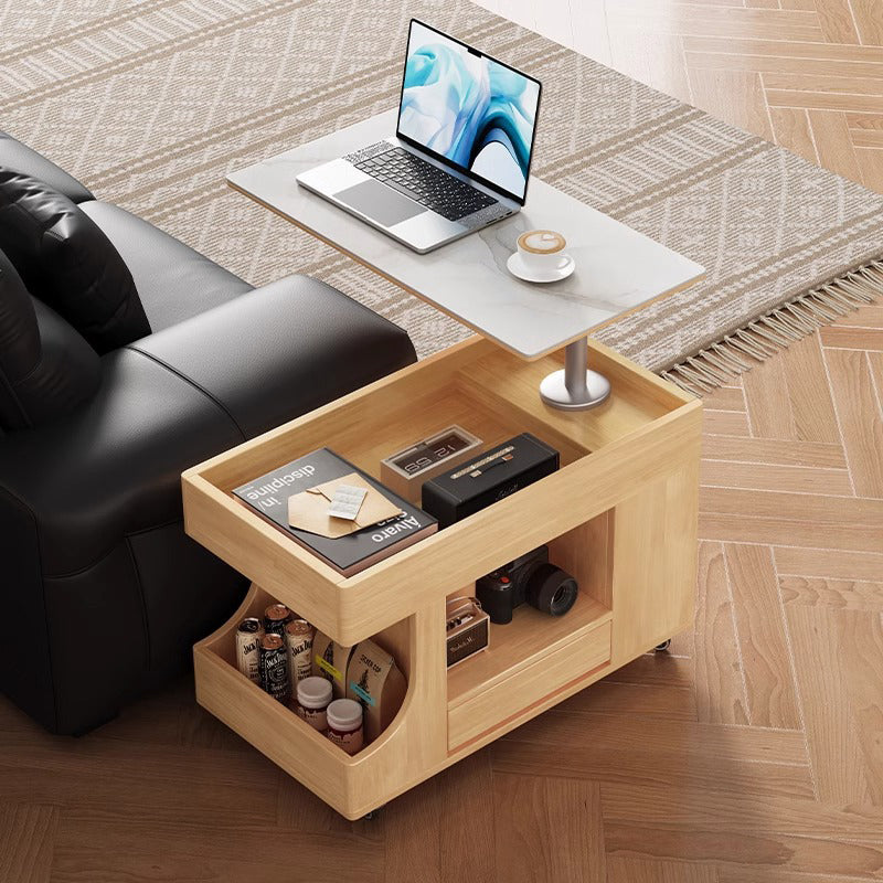 Mesa auxiliar móvil rectangular contemporánea escandinava de madera maciza, piedra y metal con 2 gabinetes para sala de estar 