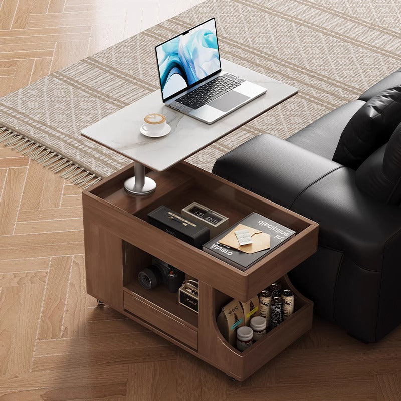 Mesa auxiliar móvil rectangular contemporánea escandinava de madera maciza, piedra y metal con 2 gabinetes para sala de estar 