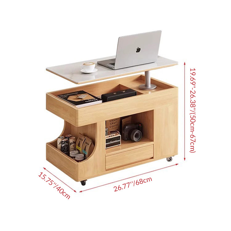 Mesa auxiliar móvil rectangular contemporánea escandinava de madera maciza, piedra y metal con 2 gabinetes para sala de estar 