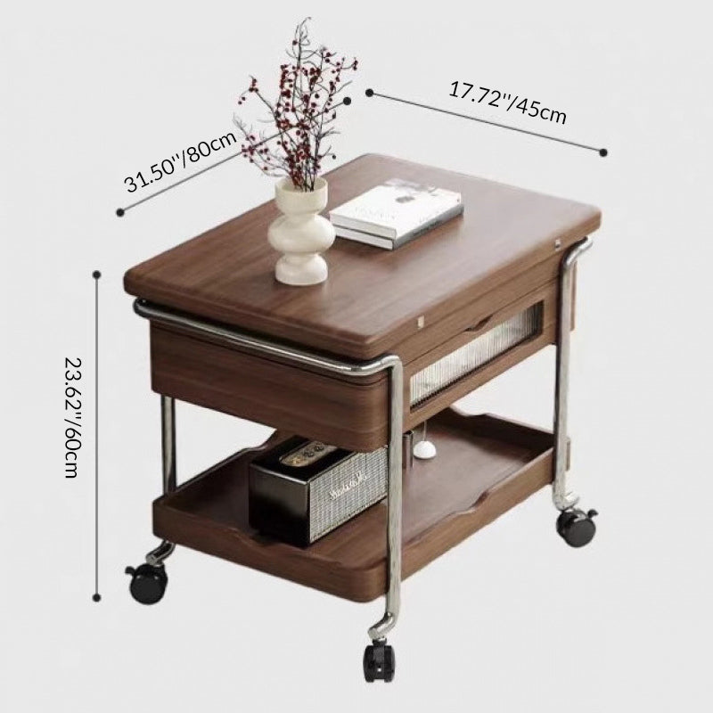Mesa auxiliar rectangular redondeada de madera vintage tradicional con acero inoxidable y acrílico de 2 niveles para sala de estar 