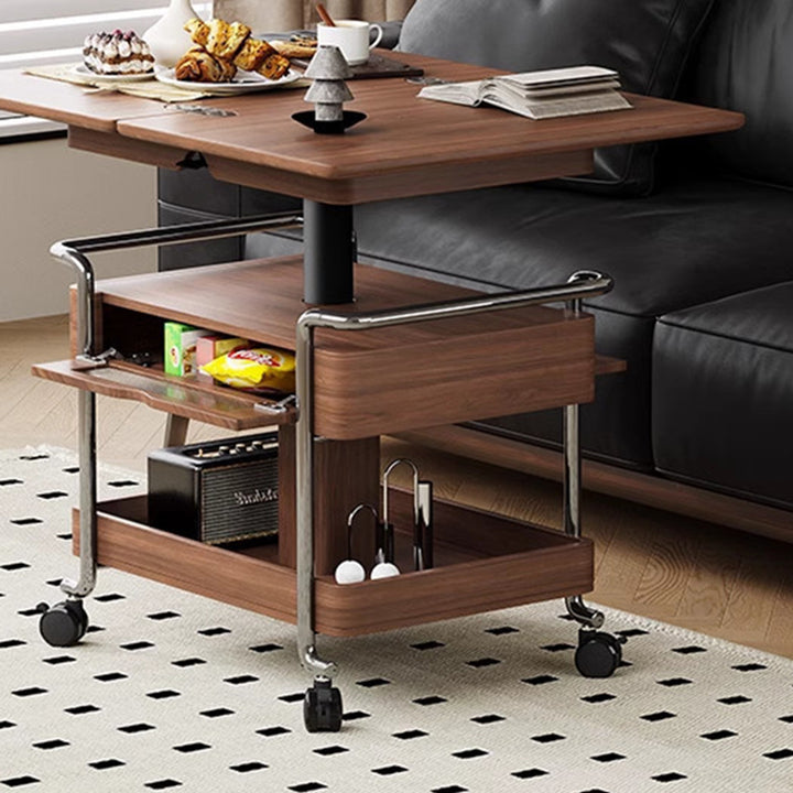 Mesa auxiliar rectangular redondeada de madera vintage tradicional con acero inoxidable y acrílico de 2 niveles para sala de estar 