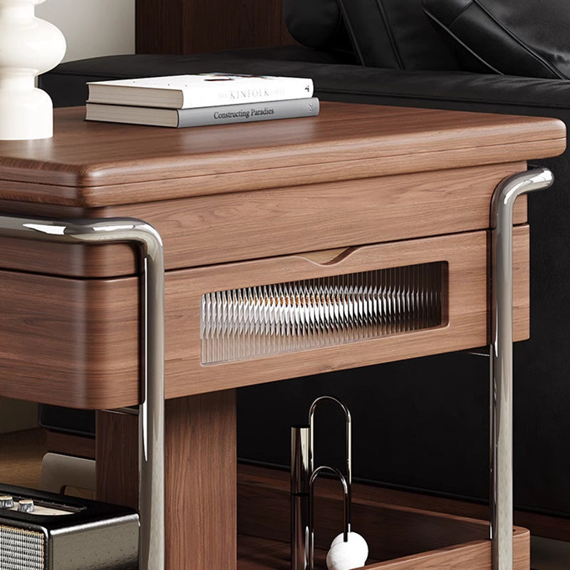 Traditional Vintage Wood Stainless Steel Acrylic Rounded Rectangular Side Table 2-Tier For Living Room