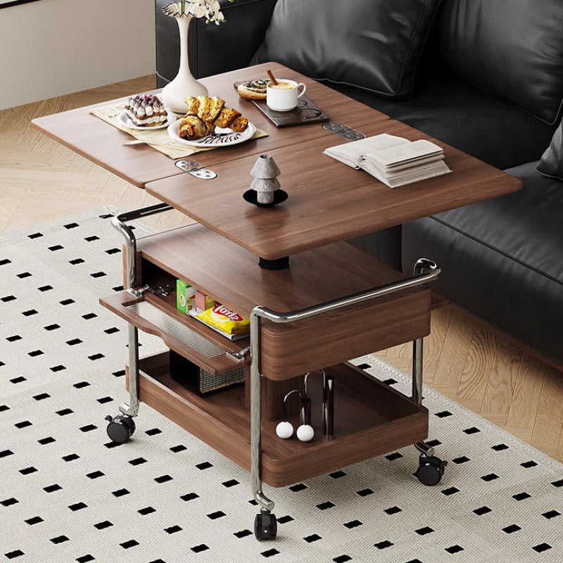 Mesa auxiliar rectangular redondeada de madera vintage tradicional con acero inoxidable y acrílico de 2 niveles para sala de estar 