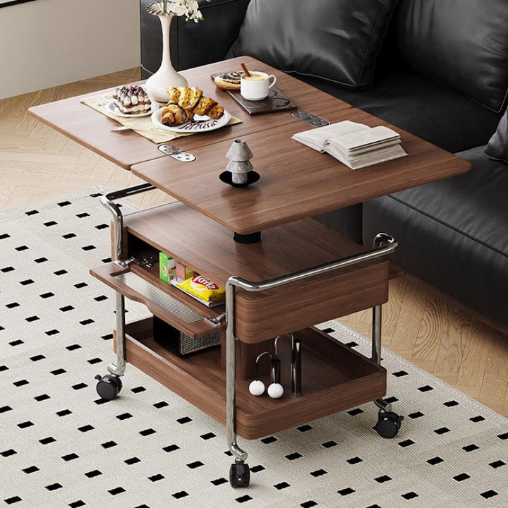 Mesa auxiliar rectangular redondeada de madera vintage tradicional con acero inoxidable y acrílico de 2 niveles para sala de estar 