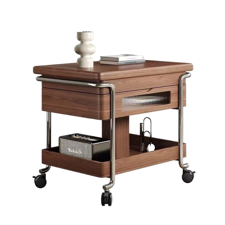 Mesa auxiliar rectangular redondeada de madera vintage tradicional con acero inoxidable y acrílico de 2 niveles para sala de estar 