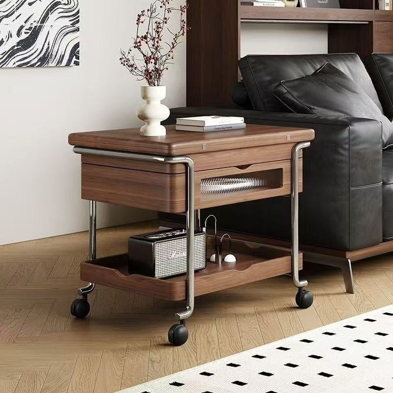 Mesa auxiliar rectangular redondeada de madera vintage tradicional con acero inoxidable y acrílico de 2 niveles para sala de estar 