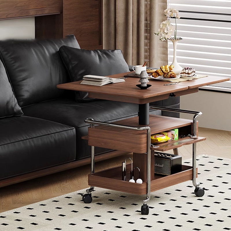 Mesa auxiliar rectangular redondeada de madera vintage tradicional con acero inoxidable y acrílico de 2 niveles para sala de estar 