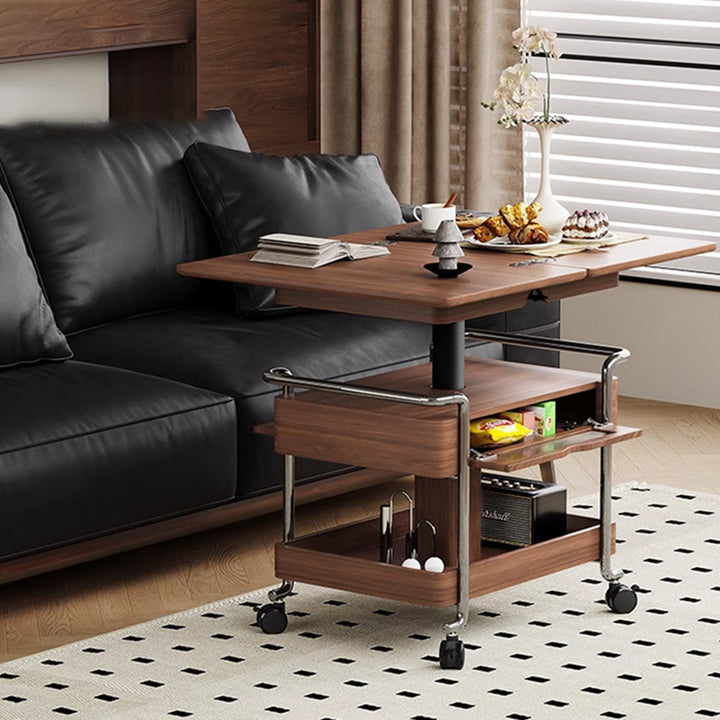 Mesa auxiliar rectangular redondeada de madera vintage tradicional con acero inoxidable y acrílico de 2 niveles para sala de estar 