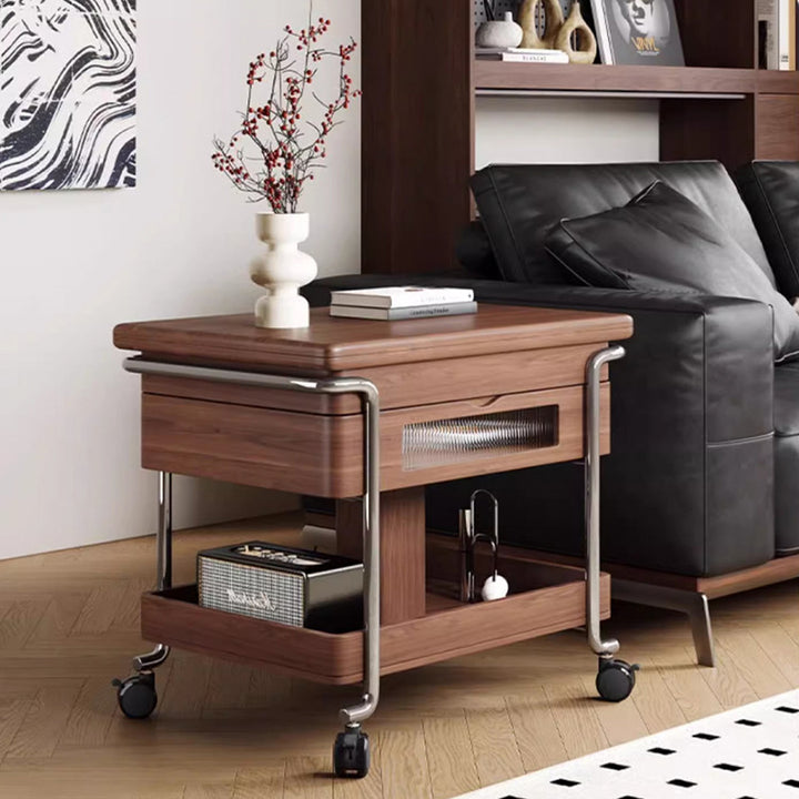 Mesa auxiliar rectangular redondeada de madera vintage tradicional con acero inoxidable y acrílico de 2 niveles para sala de estar 