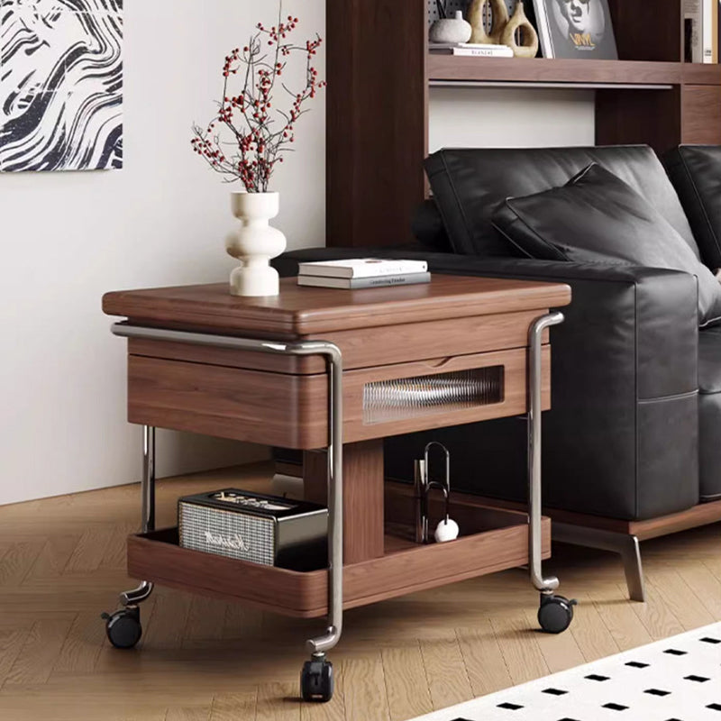 Traditional Vintage Wood Stainless Steel Acrylic Rounded Rectangular Side Table 2-Tier For Living Room
