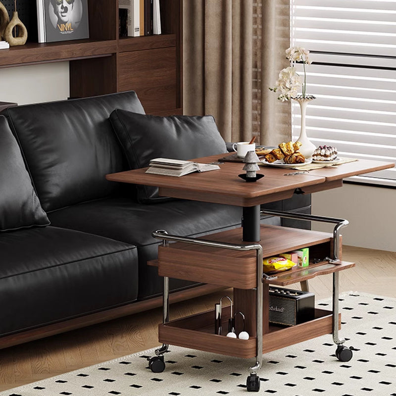 Traditional Vintage Wood Stainless Steel Acrylic Rounded Rectangular Side Table 2-Tier For Living Room