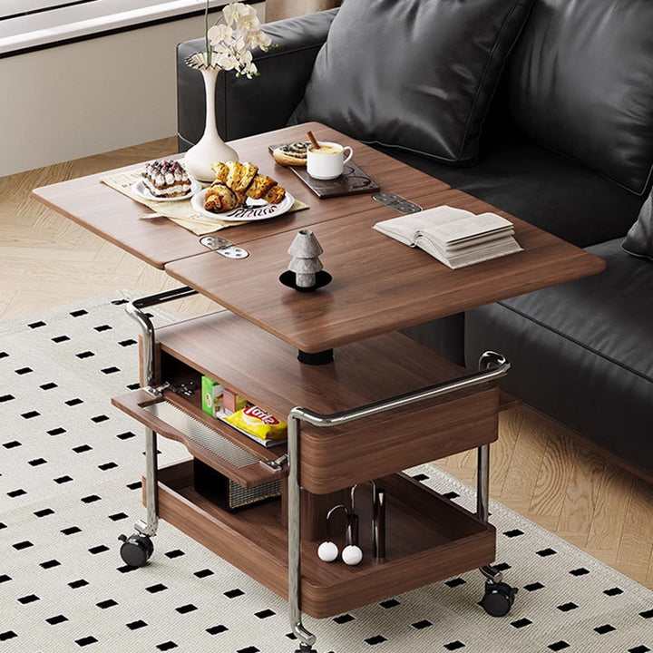 Mesa auxiliar rectangular redondeada de madera vintage tradicional con acero inoxidable y acrílico de 2 niveles para sala de estar 