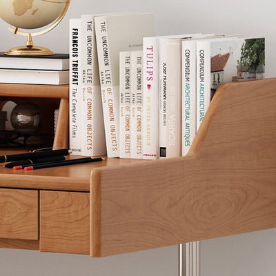 Contemporary Scandinavian Pine Wood Cherry Wood Stainless Steel Rectangular Curved Desk 3-Drawer For Bedroom