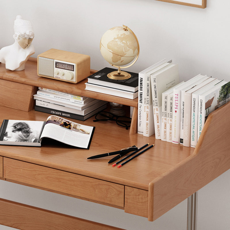 Contemporary Scandinavian Pine Wood Cherry Wood Stainless Steel Rectangular Curved Desk 3-Drawer For Bedroom