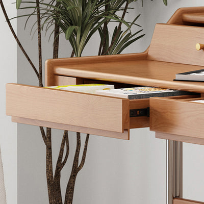 Contemporary Scandinavian Pine Wood Cherry Wood Stainless Steel Rectangular Curved Desk 3-Drawer For Bedroom