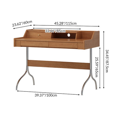 Contemporary Scandinavian Pine Wood Cherry Wood Stainless Steel Rectangular Curved Desk 3-Drawer For Bedroom