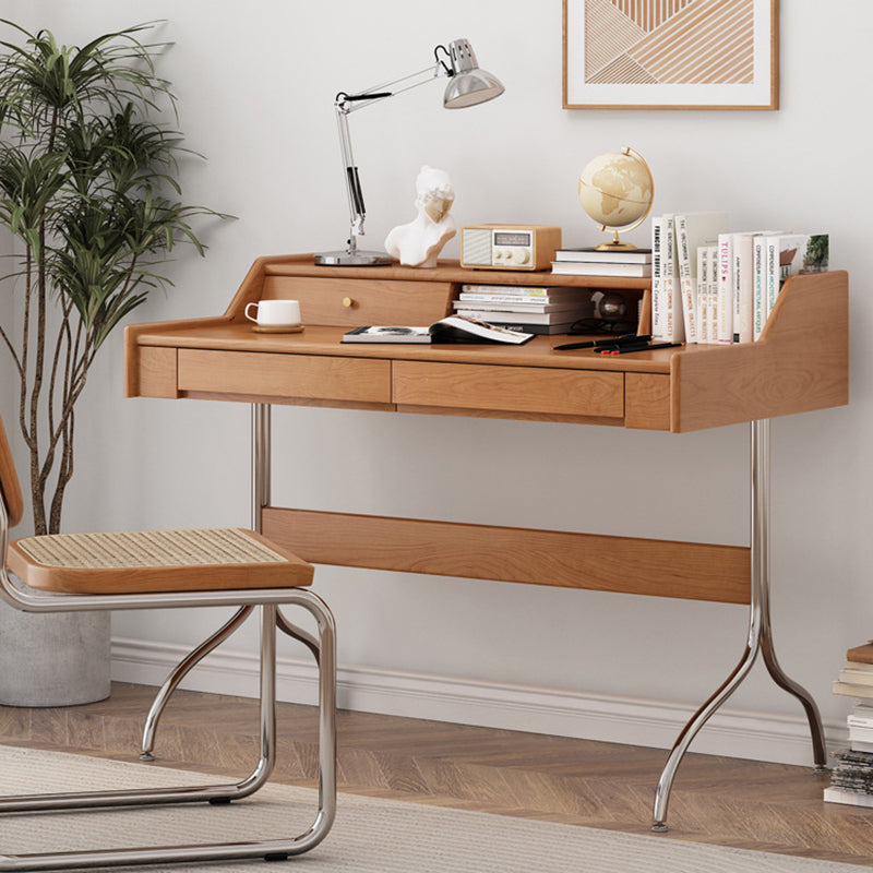 Contemporary Scandinavian Pine Wood Cherry Wood Stainless Steel Rectangular Curved Desk 3-Drawer For Bedroom