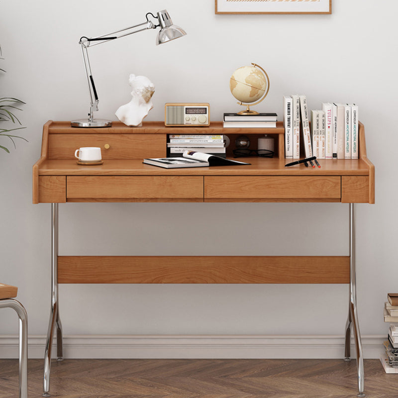 Contemporary Scandinavian Pine Wood Cherry Wood Stainless Steel Rectangular Curved Desk 3-Drawer For Bedroom