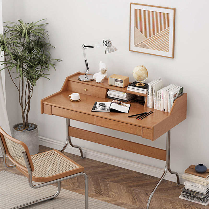 Contemporary Scandinavian Pine Wood Cherry Wood Stainless Steel Rectangular Curved Desk 3-Drawer For Bedroom