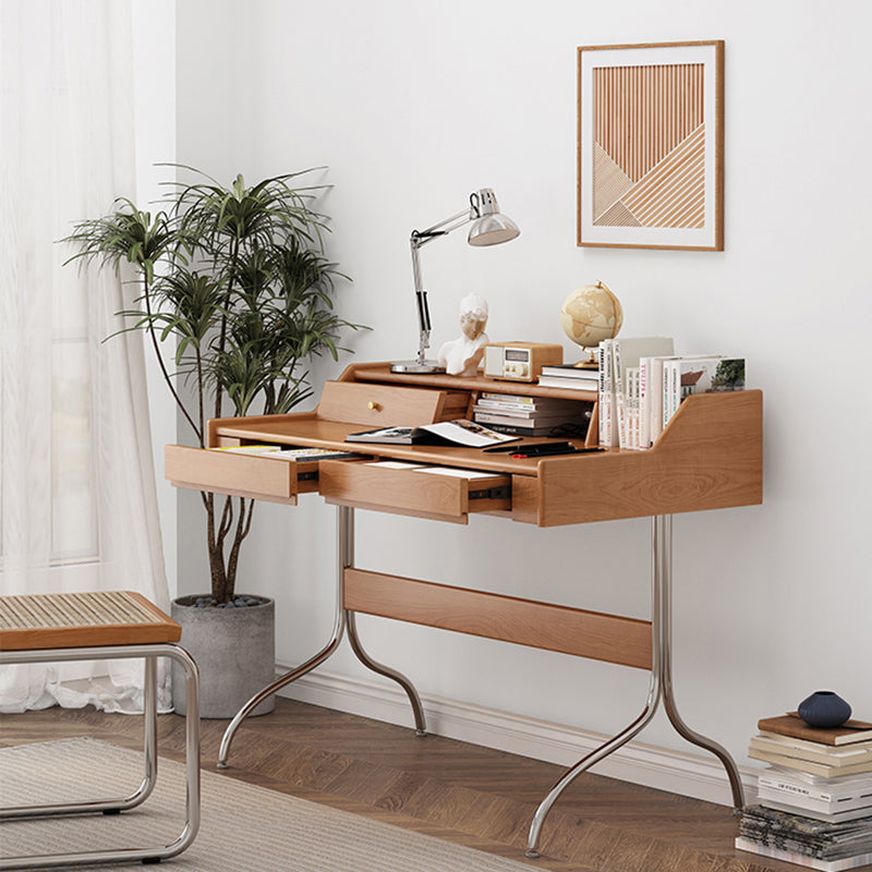 Contemporary Scandinavian Pine Wood Cherry Wood Stainless Steel Rectangular Curved Desk 3-Drawer For Bedroom