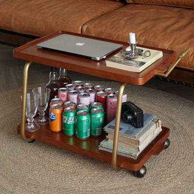 Traditional Chinese Solid Wood Stainless Steel Rectangular Horn-Shaped Mobile Side Table 2-Tier For Living Room