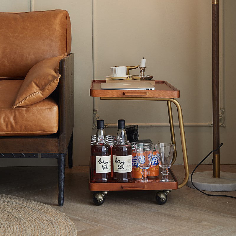 Traditional Chinese Solid Wood Stainless Steel Rectangular Horn-Shaped Mobile Side Table 2-Tier For Living Room