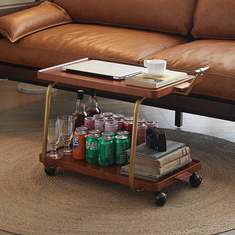 Traditional Chinese Solid Wood Stainless Steel Rectangular Horn-Shaped Mobile Side Table 2-Tier For Living Room
