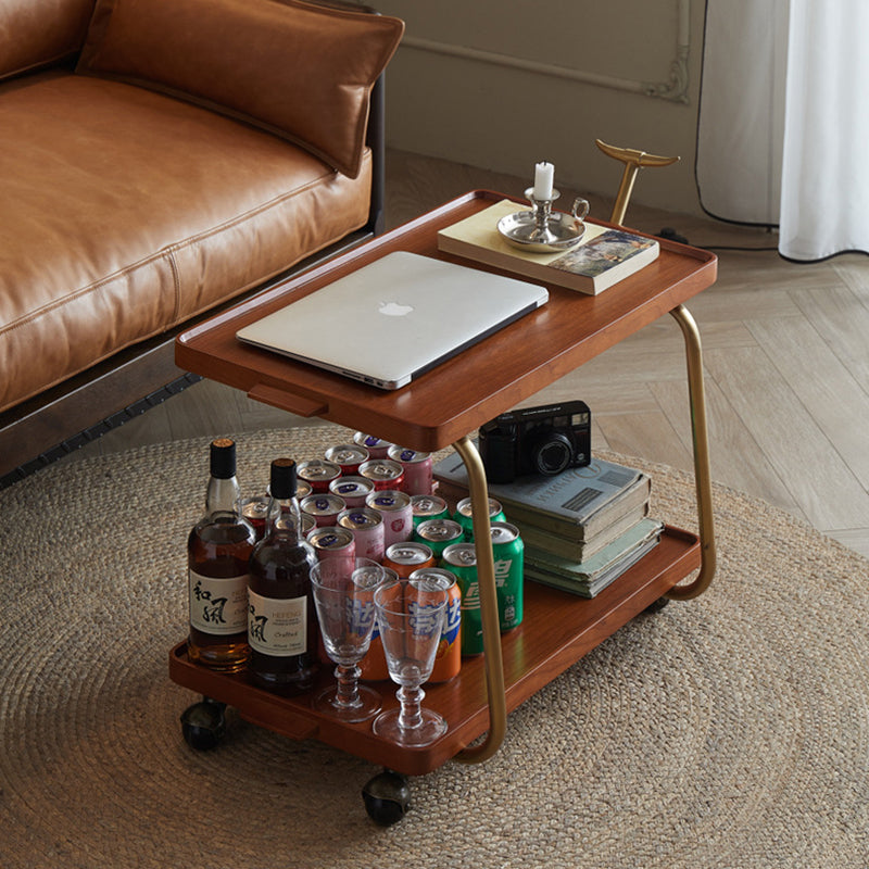 Traditional Chinese Solid Wood Stainless Steel Rectangular Horn-Shaped Mobile Side Table 2-Tier For Living Room
