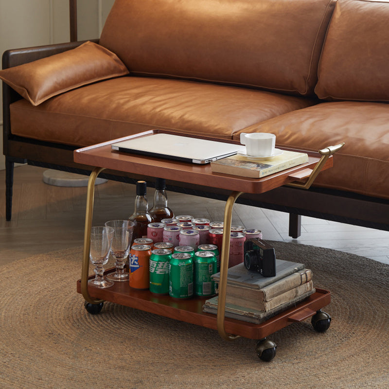 Traditional Chinese Solid Wood Stainless Steel Rectangular Horn-Shaped Mobile Side Table 2-Tier For Living Room
