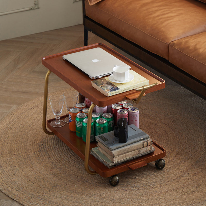 Traditional Chinese Solid Wood Stainless Steel Rectangular Horn-Shaped Mobile Side Table 2-Tier For Living Room
