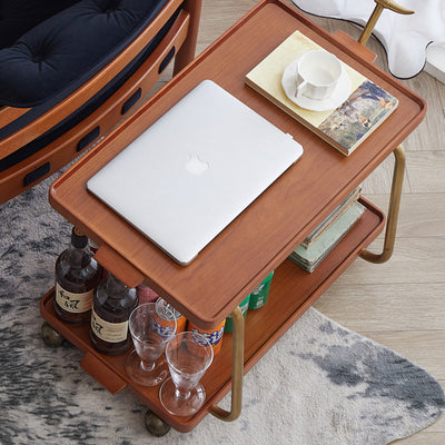 Traditional Chinese Solid Wood Stainless Steel Rectangular Horn-Shaped Mobile Side Table 2-Tier For Living Room