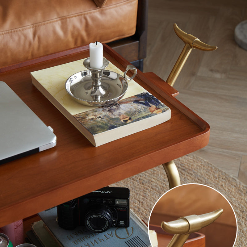 Traditional Chinese Solid Wood Stainless Steel Rectangular Horn-Shaped Mobile Side Table 2-Tier For Living Room