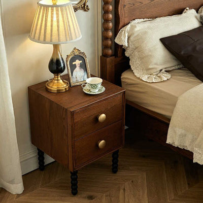 Traditional French Solid Wood Rectangular Spherical Nightstand 2-Drawer For Bedroom