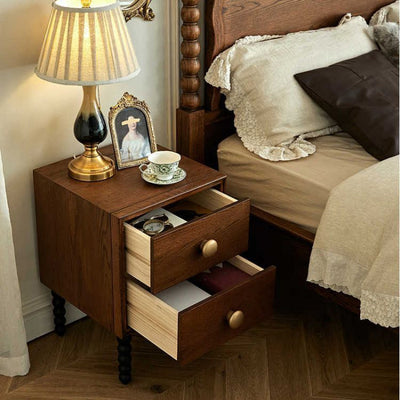 Traditional French Solid Wood Rectangular Spherical Nightstand 2-Drawer For Bedroom