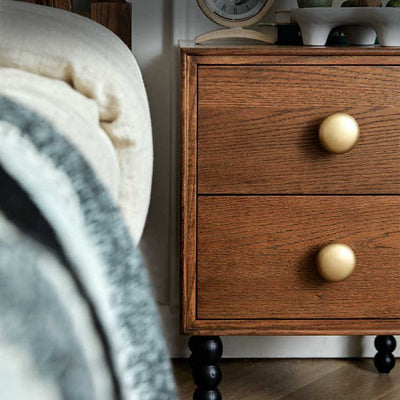 Traditional French Solid Wood Rectangular Spherical Nightstand 2-Drawer For Bedroom
