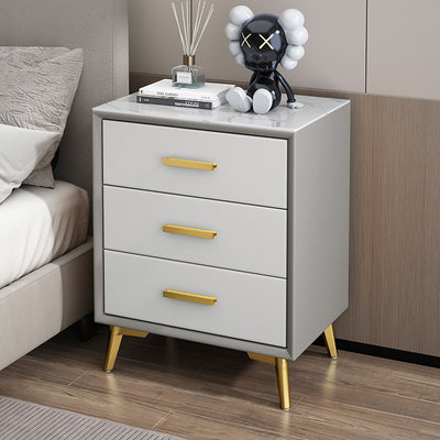 Modern Luxury Microfiber Leather Solid Wood Sintered Stone Carbon Steel Rectangular Nightstand 3-Drawer For Bedroom
