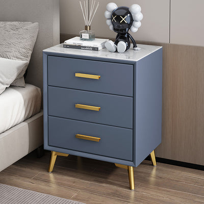 Modern Luxury Microfiber Leather Solid Wood Sintered Stone Carbon Steel Rectangular Nightstand 3-Drawer For Bedroom