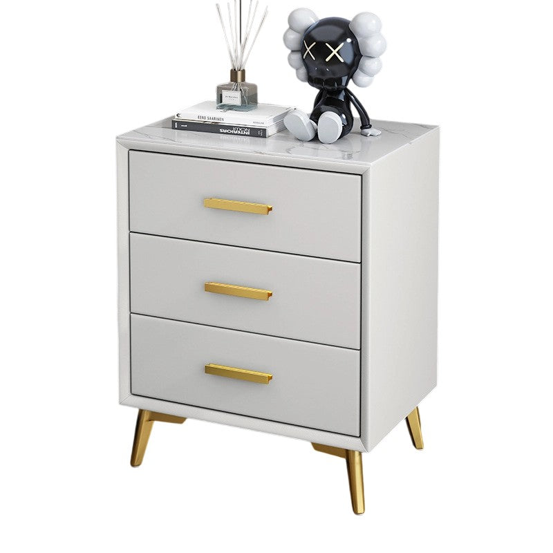 Modern Luxury Microfiber Leather Solid Wood Sintered Stone Carbon Steel Rectangular Nightstand 3-Drawer For Bedroom