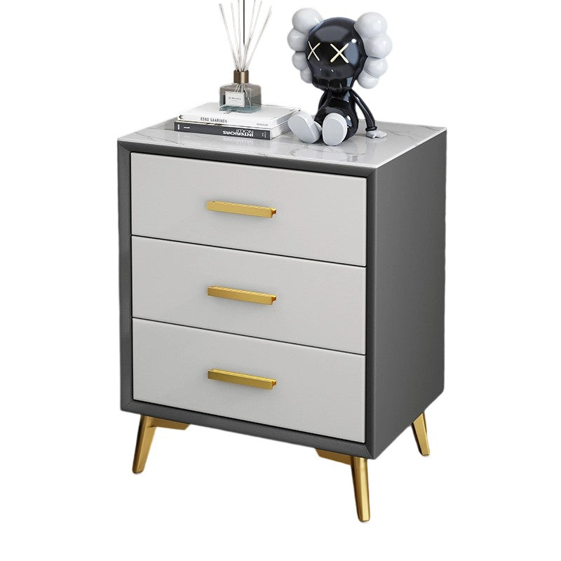 Modern Luxury Microfiber Leather Solid Wood Sintered Stone Carbon Steel Rectangular Nightstand 3-Drawer For Bedroom