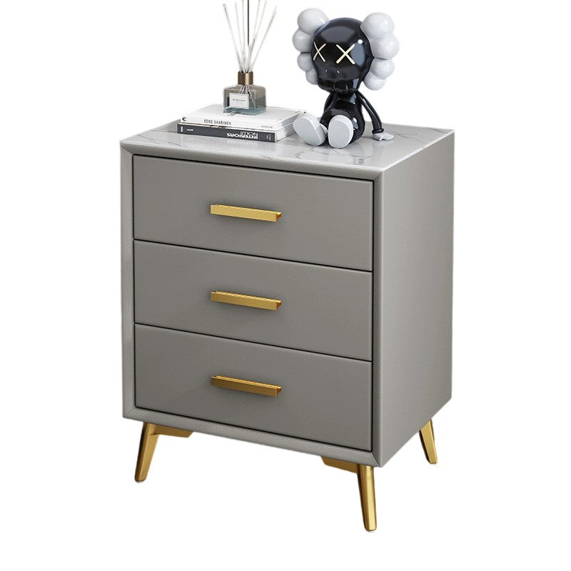 Modern Luxury Microfiber Leather Solid Wood Sintered Stone Carbon Steel Rectangular Nightstand 3-Drawer For Bedroom