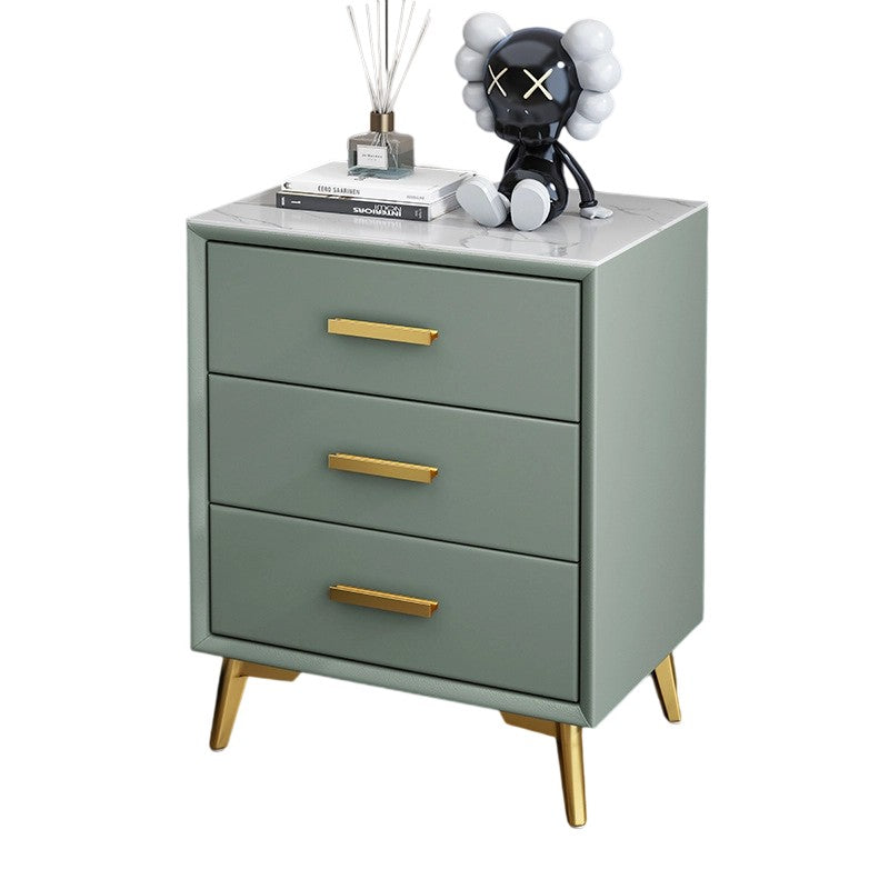 Modern Luxury Microfiber Leather Solid Wood Sintered Stone Carbon Steel Rectangular Nightstand 3-Drawer For Bedroom