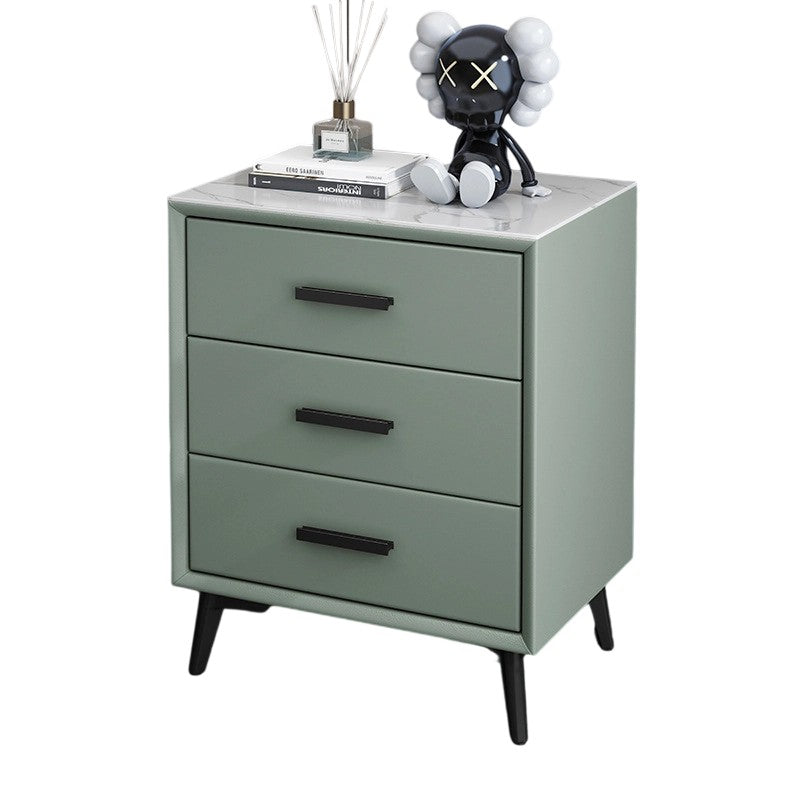 Modern Luxury Microfiber Leather Solid Wood Sintered Stone Carbon Steel Rectangular Nightstand 3-Drawer For Bedroom