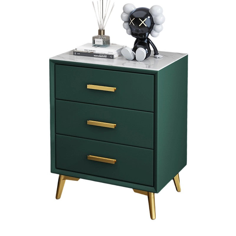 Modern Luxury Microfiber Leather Solid Wood Sintered Stone Carbon Steel Rectangular Nightstand 3-Drawer For Bedroom