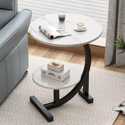Contemporary Scandinavian Wood Iron C-Shaped Round End Table 2-Tier For Living Room