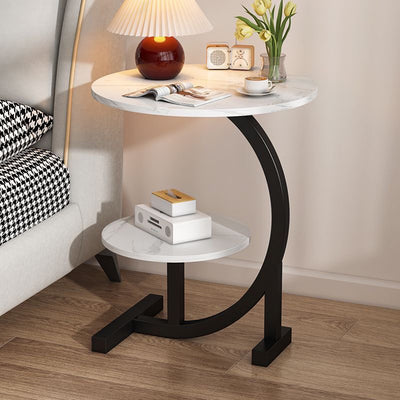 Contemporary Scandinavian Wood Iron C-Shaped Round End Table 2-Tier For Living Room